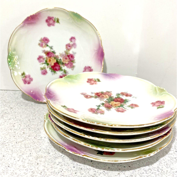 Art Nouveau Germany dessert bread plates set of 6 pink & yellow flowers romantic - Picture 2 of 9
